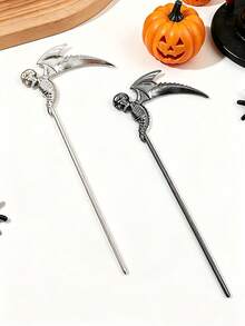 2pcs Halloween Creative Metal Skeleton Wing Scythe Hair Stick, Dark Style Bun Hair Accessory For Holiday Party - Multicolor - View 1