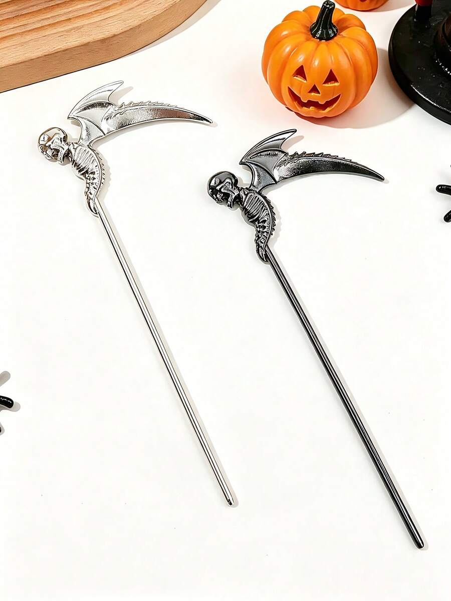 2pcs Halloween Creative Metal Skeleton Wing Scythe Hair Stick, Dark Style Bun Hair Accessory For Holiday Party - Multicolor - View 1