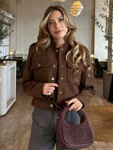 Women's Elegant Solid Color Vintage Old Money Style Minimalist Front Button Pocket Design Wool Coat, Suitable For Daily Wear, Dating, Commuting, Business, Tea Party, Banquet, Autumn/Winter - Coffee Brown - View 4