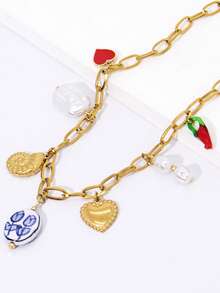 1 pièce Collier en acier inoxydable doré charmant avec pendentif en fausse perle, tulipe, cœur, coquillage, convient pour le port quotidien des femmes, la plage d'été, les vacances, les fêtes - Or jaune - Voir 4