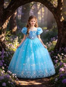 Vestido de princesa elegante con lentejuelas, copos de nieve y tul abullonado para niñas jóvenes, adecuado para fiestas, con capa, sin diadema - Azul - Ver 4