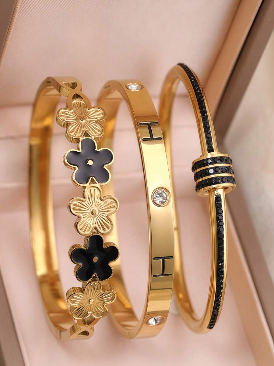 3件/1件裝 女款奢華粉色琺瑯 H 字手鍊,18K 金色不鏽鋼可疊戴水晶手鍊,時尚極簡派對日常配戴珠寶手鐲 - 金黃色 - 查看 1