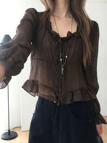 Blus Wanita Warna Polos Berlipit, Modis, Serbaguna, Kasual Sehari-hari, Musim Panas - Cokelat - View 4