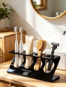 1PC Black & White Optional Plastic Toothbrush Holder, 4 Holes Freestanding Countertop Storage Stand For Electric Toothbrushes And Toothpaste, Multifunctional Modern Bathroom Washbasin Oral Care Organizer Rack - Multicolor - View 4