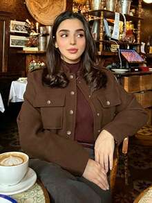 Women's Elegant Solid Color Vintage Old Money Style Minimalist Front Button Pocket Design Wool Coat, Suitable For Daily Wear, Dating, Commuting, Business, Tea Party, Banquet, Autumn/Winter - Coffee Brown - View 3
