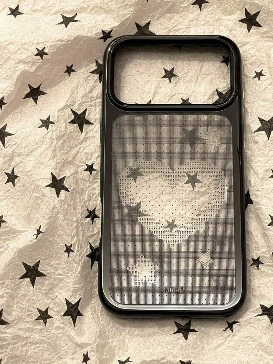 Black Star Lace Heart Ins Style Phone Case Compatible With IPhone 17 Pro Max, 16 Pro, 14 Pro, 15 Pro Max, 13, Full Coverage Transparent Anti-Drop Soft Shell, Artistic Design For Girls - Black - View 1