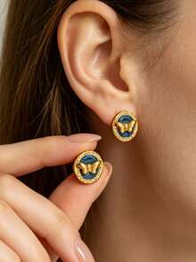 Pendientes de botón con mariposa 3D estilo vintage francés para mujer, diseño de relieve ovalado con borde dorado, múltiples colores disponibles, estilo premium de nicho, accesorio para atuendo de verano - Multicolor - Ver 11