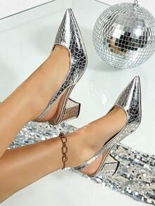 1 Pair Silver Shiny Patent Leather Closed-Toe High Heel Sandals, Glittering Embossed Mirror PU Material, Pointed Toe 6CM Chunky Heel Slip-On Design, Fashionable Glamorous Wedge Sandals, Suitable For Daily Wear, Shopping, Birthday Parties, Spring/Summer New Style - Silver - View 5