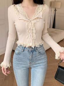 2026 Lace 2-Piece Set, V-Neck Lace Camisole + Ruffled Button Knit Cardigan Suit, Gentle Style Knit Outfit For Young Ladies, Suitable For Spring/Summer Daily Wear, Dates, Afternoon Tea - Apricot - View 2