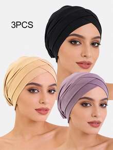 3 buah Topi Beanie Elastis Silang Ganda Wanita, Cocok untuk Penggunaan Sehari-hari - Hitam/Krem/Ungu - View 46