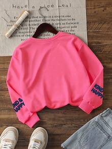 Girls' Sweatshirt Set, Letter Print Sweatshirt And Casual Crew Neck Sweatshirt Paired With Slim Fit Solid Color Pants, 2-Piece Set For Autumn/Winter Daily Wear - Hot Pink - View 5