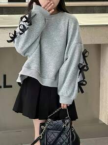Girls' Sweatshirt Top Autumn/Winter Style, Children's Clothing, Bowknot Design, New Thickened Fashionable Top - Grey - View 3