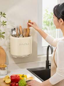 Multifunctional Cutlery Organizer And Holder For Knives, Forks, Spoons, And Chopsticks, Equipped With A Transparent Drip Tray; Features A Durable Beige Design That Neatly Stores Various Utensils, Suitable For Kitchen Countertops Or Dining - View 10