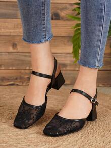 2026 New Women's Apricot Lace Mary Jane Slingback 4.5cm Chunky Heel High Heels Square Toe Single Strap Closed Toe Pumps Wedding Elegant Versatile French Style Shoes - Black - View 3