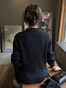 New Navy Blue Half-High Neck Ribbed Knit Sweater, Vertical Texture Slimming And Fitted, Soft And Skin-Friendly. Minimalist Korean Slouchy, Clean Look When Worn Alone, Also Pairs Well With Coats, Versatile For Autumn/Winter, Dark Color Low-Key And Textured, Suitable For Daily Commute - Navy Blue - View 2