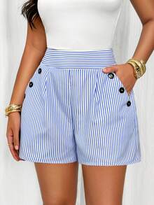 AIJ Women's Casual Blue Striped Shorts, Non-Stretch Woven Fabric, Ruched Design, With Functional Pockets, Short Length Summer - Blue and White Stripes - View 6
