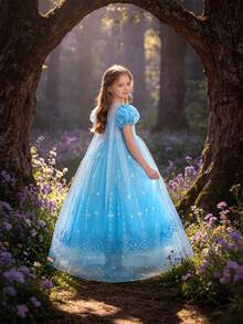 Vestido de princesa elegante con lentejuelas, copos de nieve y tul abullonado para niñas jóvenes, adecuado para fiestas, con capa, sin diadema - Azul - Ver 3