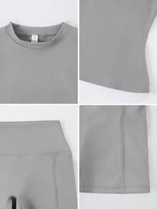 女款極簡純色短袖上衣與短褲運動套裝，修身收腰貼身運動服，適合戶外跑步、健身、瑜伽、健身操、網球、匹克球、高爾夫訓練，高級灰色 - 灰色 - 查看 3