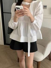 Korean Style Minimalist Early Autumn New Ribbon Doll Long Sleeve Blouse White - White - View 5