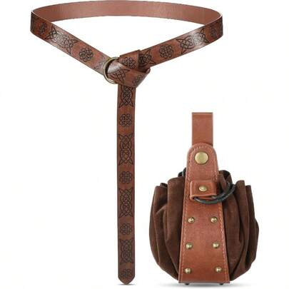 1PC/2PCS Medieval Viking Waist Bag + Belt Set, Halloween Renaissance Accessories, Waist Bag + PU Embossed Belt, Unisex