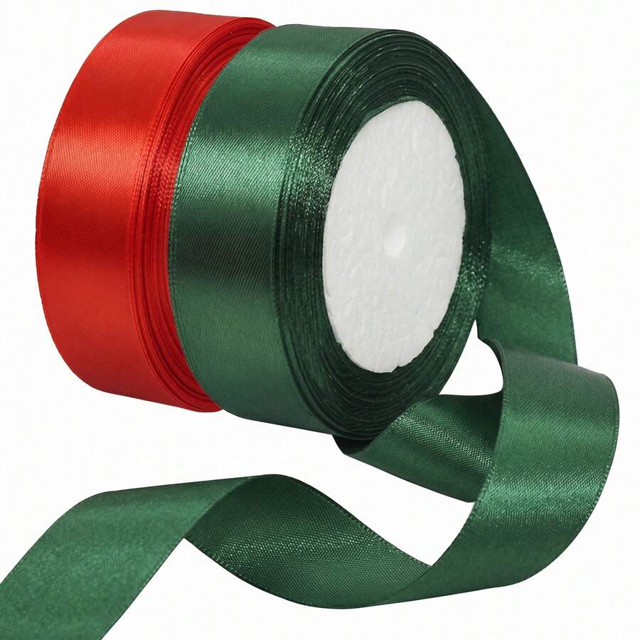 2 捲紅色與深綠色禮品包裝緞帶,25mm (1 英吋) 寬 X 22m/捲;緞面緞帶,適用於製作蝴蝶結、髮飾、花束、花環和花串裝飾,亦可用於婚禮、聖誕節和畢業派對裝飾 - 彩色 - 查看 1