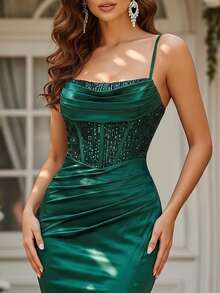 HOMEYEE Vestido Longo Ajustado com Espinha de Peixe Verde Escuro para Mulheres, Vestido de Festa com Fenda Lateral Sereia para Ocasião Formal, Trabalho Pesado, Casamento, Outono - Verde Escuro - Visão 4