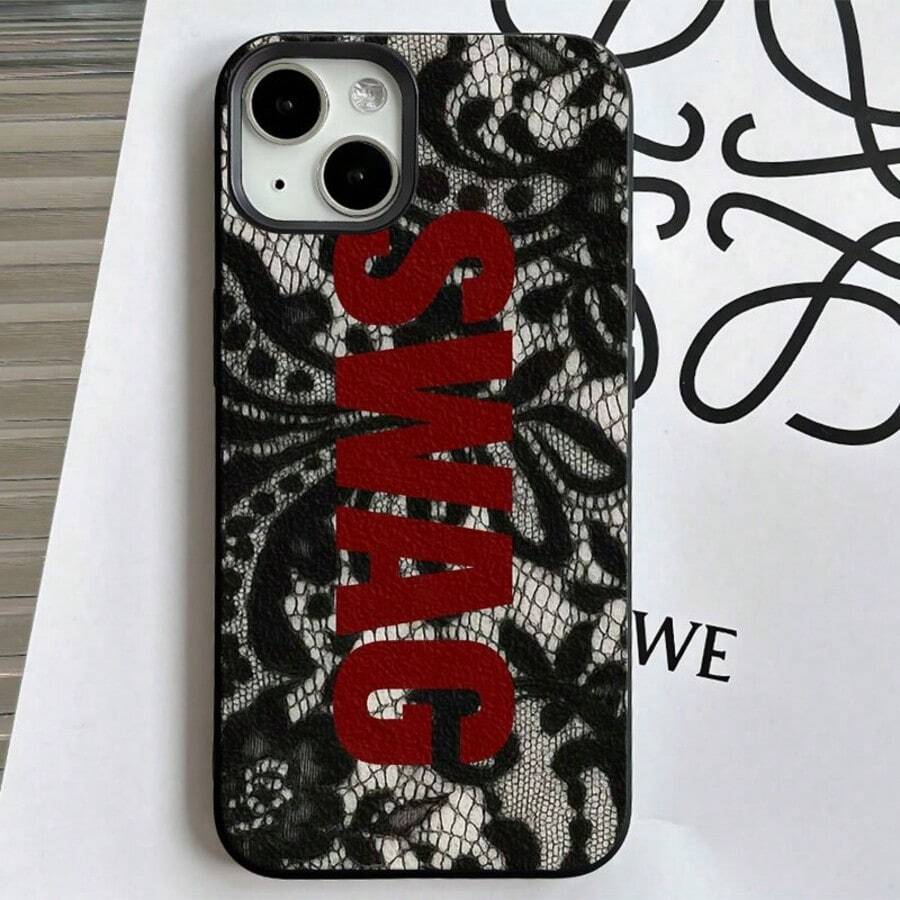 Y2K "#SWAG" 白色波點極簡印花黑色亮面手機殼,適用於 iPhone 11 13 Pro Max 15 17 17 Pro Max 和 Galaxy S24 Ultra S26 Ultra,標語設計,適合千禧世代、生日與日常使用 - 彩色 - 查看 1