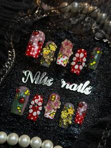 10pcs Handmade Fully Covered Medium Square Cute Ladybug Press On Nails, Red Nails, Sweet Spring Cottagecore Y2K Style False Nail,Detachable And Reusable,Suitable For Party,Spring Outing,Birthday Gathering,Daily Styling,With Jelly Glue And Nail File - 紅色 - 查看 2
