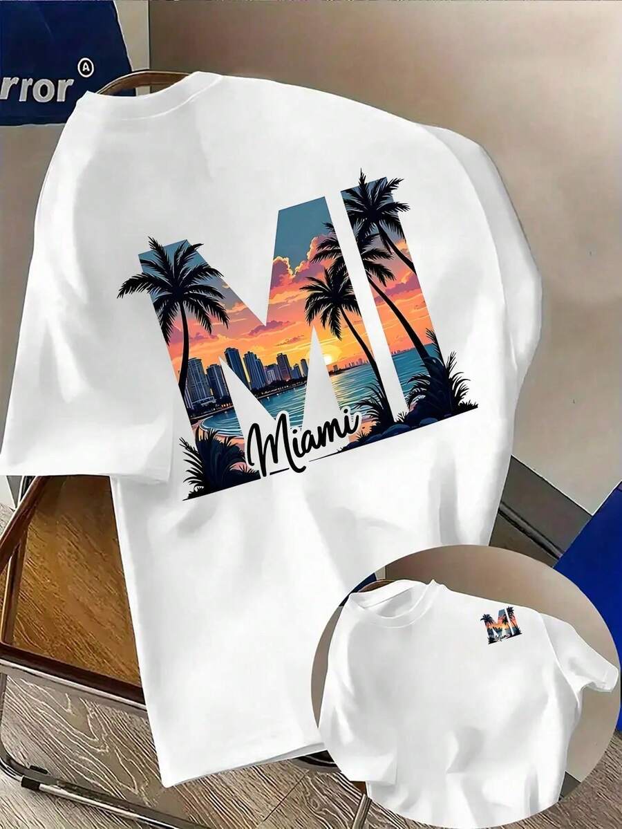 Miami Beach Sunset Christmas T-Shirt For Women And Men - Pastel Pink Miami Lettering Tee, All Occasion Tee, Popular Item - 白色 - 查看 1