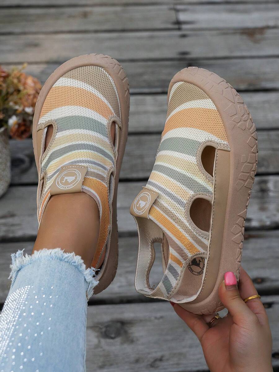 Women's New Vintage Colorblock Mesh Rainbow Striped Knit Closed-Toe Sandals, Soft Elastic Shock-Absorbing Casual Beach Shoes, Sneakers For Women - Khaki - View 1