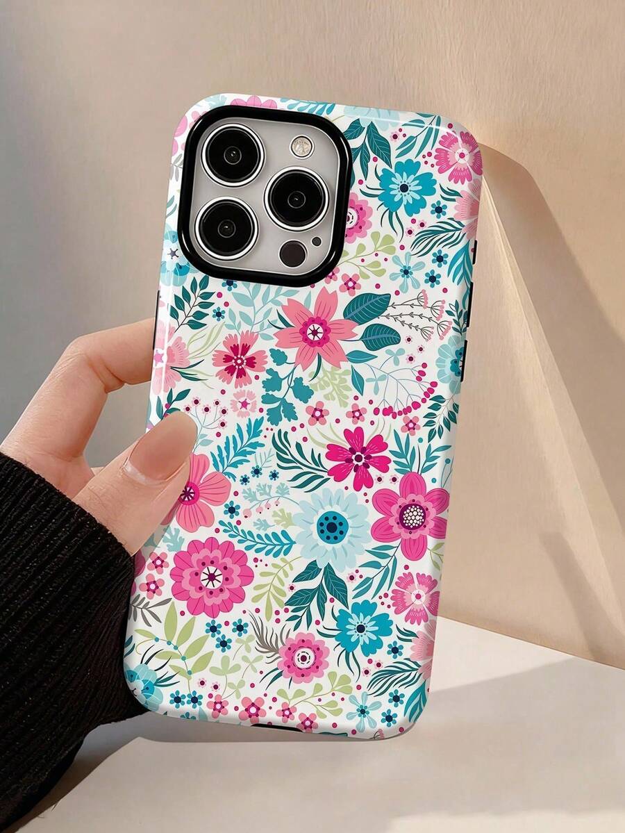 Floral Pattern 1-Piece Romantic Spring Floral Pattern Glossy 2-In-1 Film Hard Phone Case, Compatible With Samsung/11/12/ IPhone13/14/15/ IPhone16/ IPhone17 Pro Max - 白色7 - 查看 1