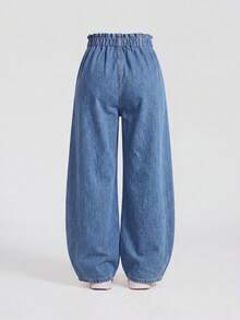 1pc Girls Elastic Waist Wide Leg Denim Jeans, Summer Style Star Frayed Patchwork Washed Long Pants, Versatile Loose Straight Leg Casual Pants - Light Wash - View 4