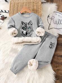Baby Boy Cartoon Print Warm Crew Neck Long Sleeve Top And Pants Set - Grey - View 1