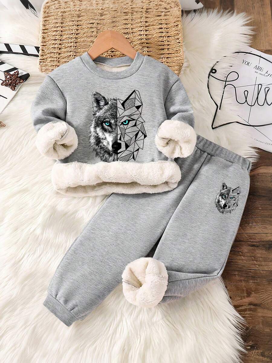 Baby Boy Cartoon Print Warm Crew Neck Long Sleeve Top And Pants Set - Grey - View 1