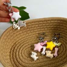 1pc Ins Cute Delicate Minimalist Silver Chain Cross Resin Star Bowknot Flocked Multi-Color Rabbit Bear Pendant Keychain Bag Charm, Suitable For Girls Women Daily Wear, Holiday Gift - Multicolor - View 5