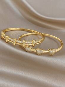 18k Gold Plated Three Heart White Diamond Gold Bracelet, Women's Bracelet, Designer Jewelry, Charming Bracelet, Luxury Bracelet, High-Quality Luxury Jewelry, Heart Bracelet, Gold Plated Jewelry, Suitable For Daily, Date, Party, Vacation Season, Back To School Season, Summer Jewelry, Beach Jewelry, Women's Beach Accessories, Birthday Gift, Girlfriend Gift, Mother Gift, Bohemian Jewelry - Multicolor - View 2