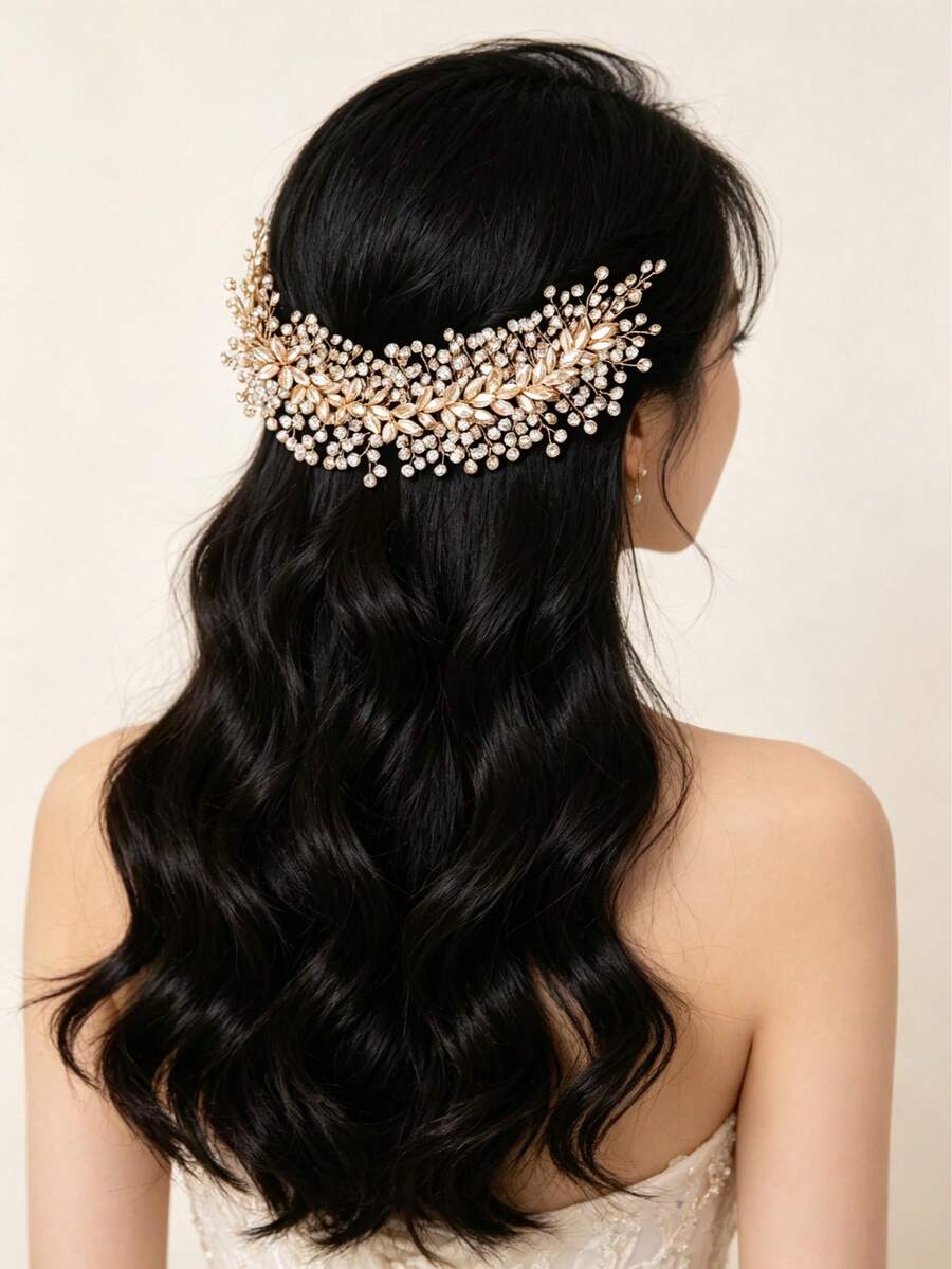 1pc Bohemian Gold Rhinestone Floral Bridal Hair Accessory | Outdoor Wedding Atmosphere Headpiece - Multicolor - View 1