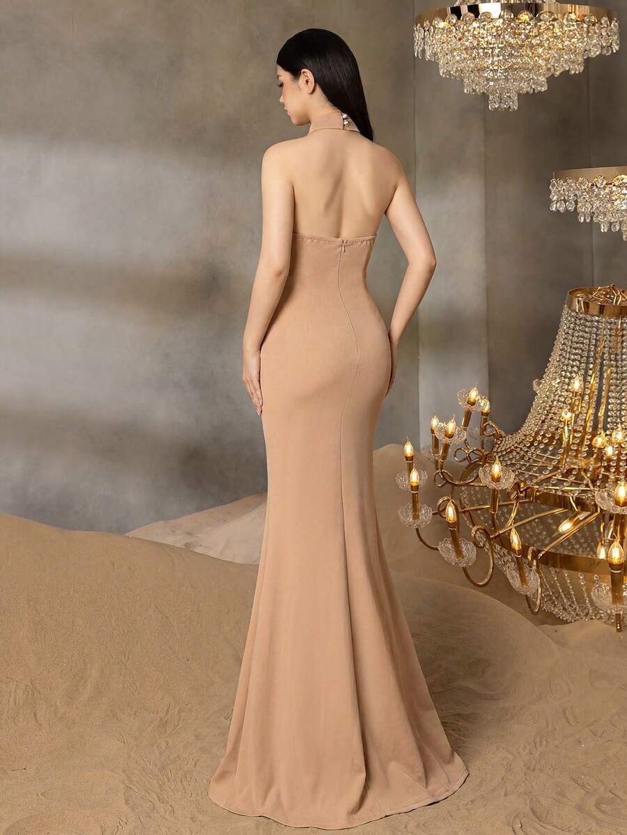 ALISA&LEO Teen Girl Zipper Vest-Style Knotted Waist Long Dress, Front Slit Design, Mermaid Tail Cut, Suitable For Formal Occasions Like Prom, Party, Pageant - Khaki - View 1