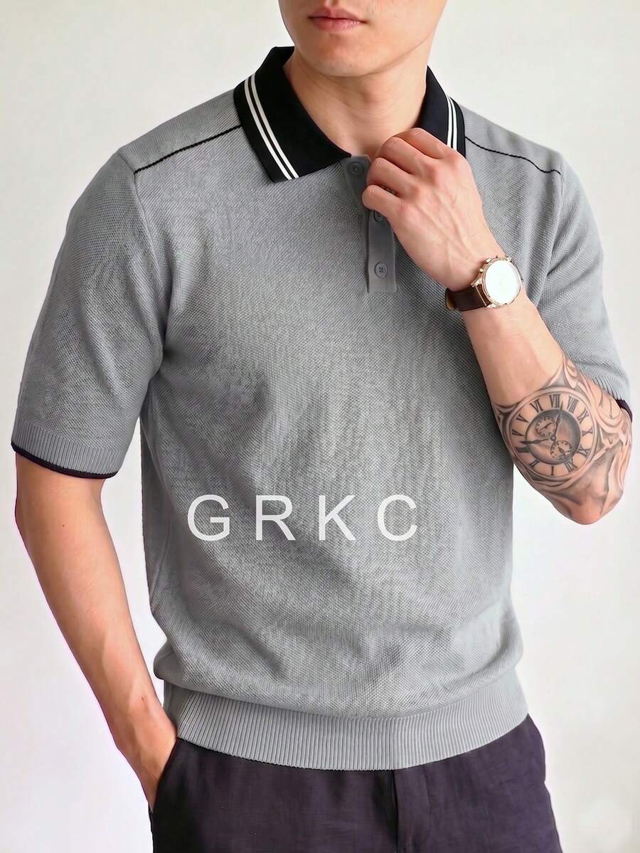 Men's Knitted Polo T-Shirt, Slim Fit Business Striped Solid Color Knit Top, Spring/Summer Commute Casual Versatile Thin Short Sleeve - Grey - View 1