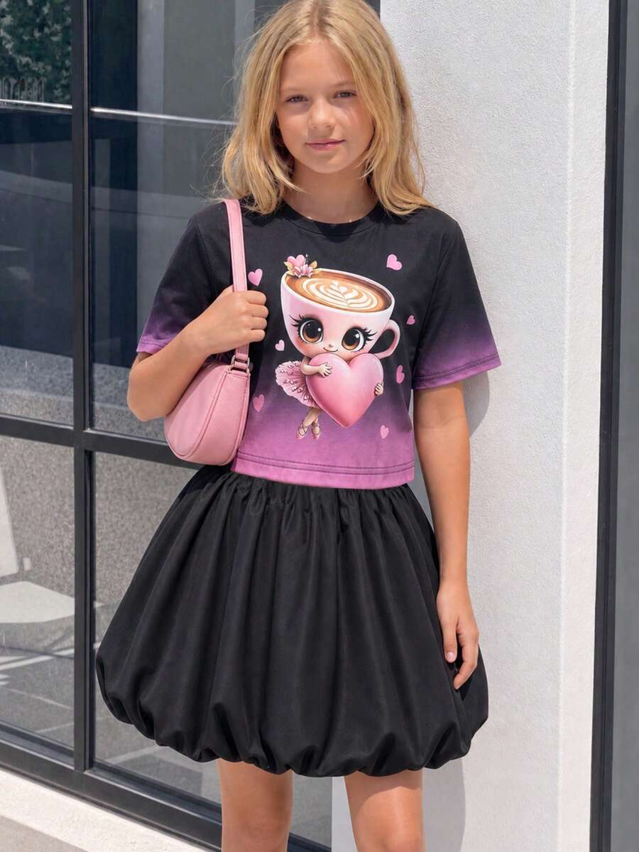 Girls' Summer Cute Casual Pink Gradient Outfit: Loose Short Sleeve Top And Pleated Mini Skirt, Comfortable 2 Pieces Set - Black - View 1