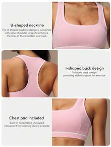 Women's High Support Sports Bra U Neck Racerback Contrast Stitching Brushed Fabric Removable Padded Workout Sets Yoga Gym Running Athletic Activewear - Pink - View 3