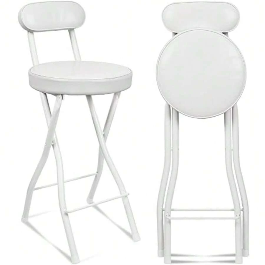 With Back, Tall Foldable Stool Seat Padded Portable Stools Counter Height Foldable Stools Chairs, Collapsible Stool For Adults Kitchen Island Guitar Barstools - White - View 1