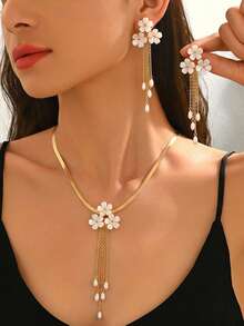 3pcs Women's Jewelry Set, Gentle French Vintage Style, Flat Snake Chain Flower Tassel Necklace, Faux Pearl Drop Earrings, Suitable For Daily Commute, Party, Gathering, Middle Eastern Style, Wedding Season, Romantic Elegant Full Set Accessory Gift For Holidays - White Golden - View 6