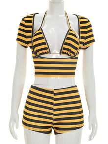 Sommer 4. Juli Damen Gelbes 3-teiliges gestreiftes Camisole Crop Top & Shorts Set, Urlaub Sexy Party Elegant - Gelb - Übersicht 9