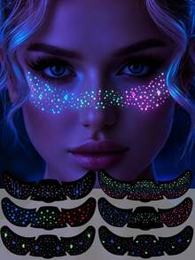 6 Folhas de Tatuagens Temporárias que Brilham no Escuro com Glitter, Adesivos de Tatuagem Facial de Sardas, Tatuagens de Luz Negra para Decorações de Festa Neon, Maquiagem de Cosplay, Fantasia de Halloween, Acessórios de Rave, Lembrancinhas de Festival - Multicolorido - Visão 10