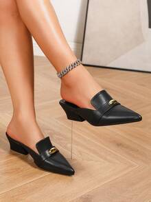 Fashion Pointed Toe Gold Buckle Decor Mule Chunky Heel Shoes Black Slip-On Elegant Comfortable Commute Party, Block Heels, High Heel, Pumps, Women - Black - View 4