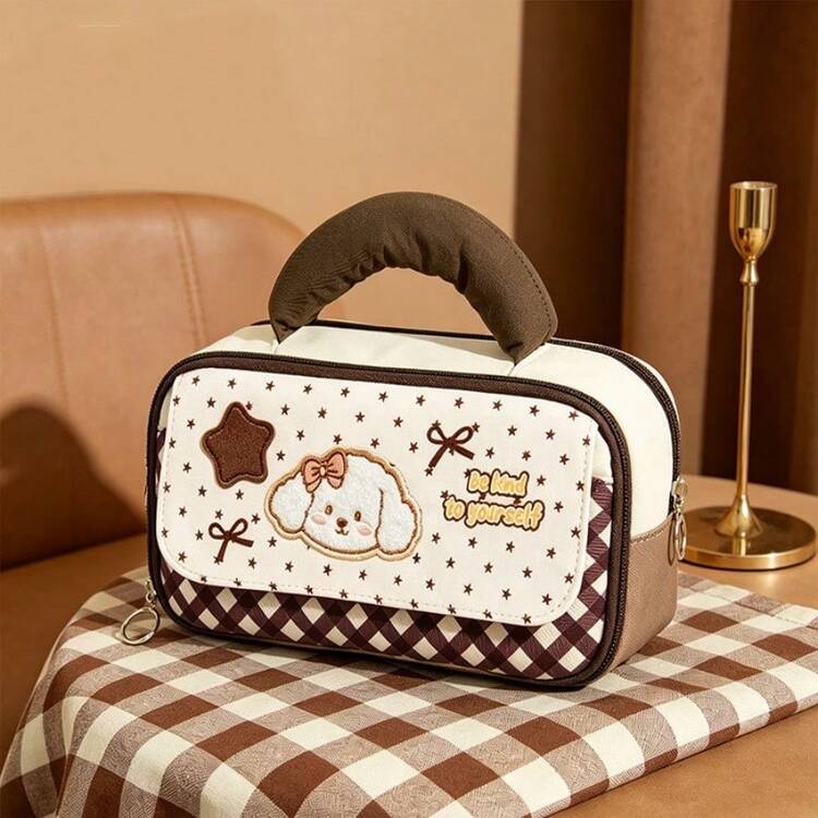 Japanese Style Cute Bow White Puppy Pencil Case, Large Capacity Multi-Layer Design Cartoon Stationery Bag For Primary And Middle School Students, Simple Healing Pencil Holder,Back To School Season - Multicolor - View 4