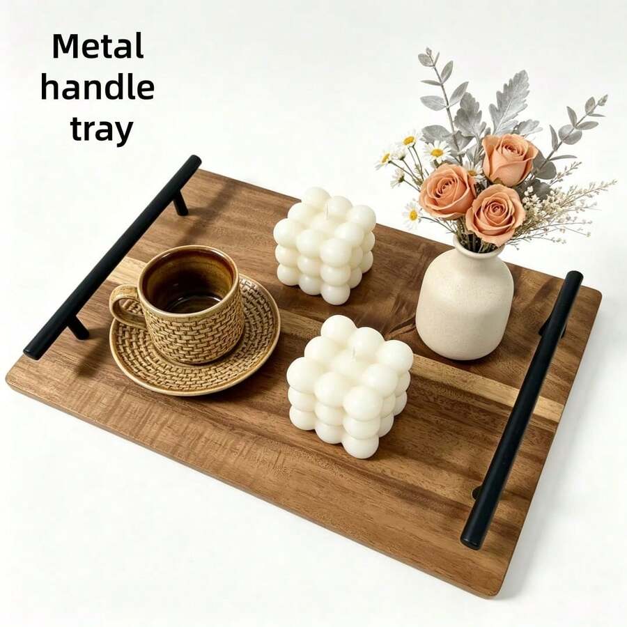 1件木製托盤附金屬把手，長方形多用途食物托盤，適用於廚房、咖啡廳、餐廳、露營，母親節、父親節、聖誕節完美禮物