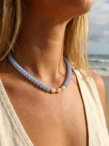 1 pieza Collar de cuentas de piedra natural geométrica redonda plana estilo bohemio europeo & americano con perla de agua dulce, accesorios de acero inoxidable, para mujeres, verano playa vacaciones - Collar de perlas y cuentas hecho a mano - Ver 6