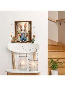 1pc Spring Rabbit & Tulip Wall Sticker, Warm Garden Decal For Bedroom & Entryway, Removable Self-Adhesive PVC Peaceful Decor - Spring Rabbit and Tulip - View 4